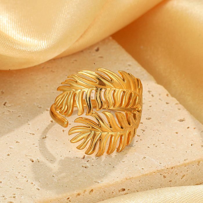 Wholesale Popular stainless steel leaf ring, personalized minimalist style, high-end light luxury, adjustable opening titanium steel ring