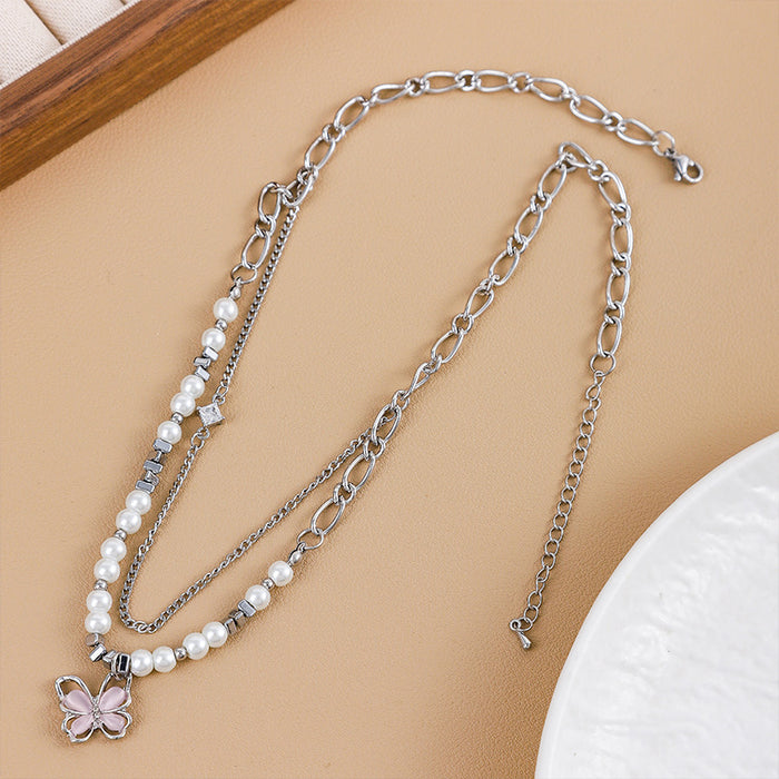 Wholesale New Zircon Pearl Cat Eye Stone Butterfly Necklace Double layered Pendant Clavicle Chain Beads