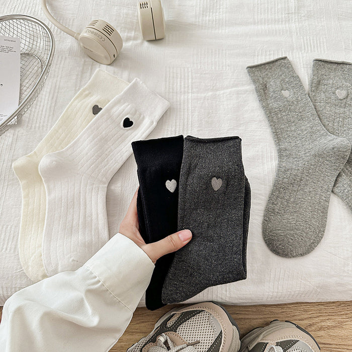 Wholesale Socks with rolled edges, embroidered hearts, simple vertical stripes, versatile stacking socks