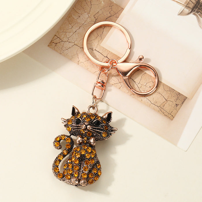 Wholesale Zinc Alloy Gold Bronze Cat Keychain Rhinestone Design Stylish Bag Charm Car Key Accessory