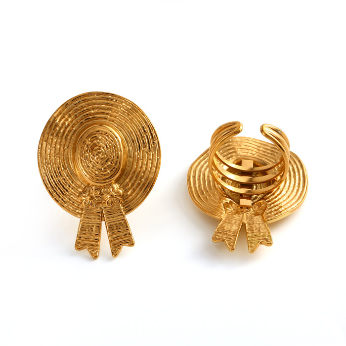 Wholesale Stainless steel straw hat earrings, personalized retro texture earrings, ring matching wholesale
