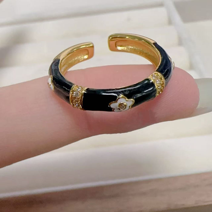 Wholesale Black Drip Glaze Black Flower Ring Women's Opening Adjustable