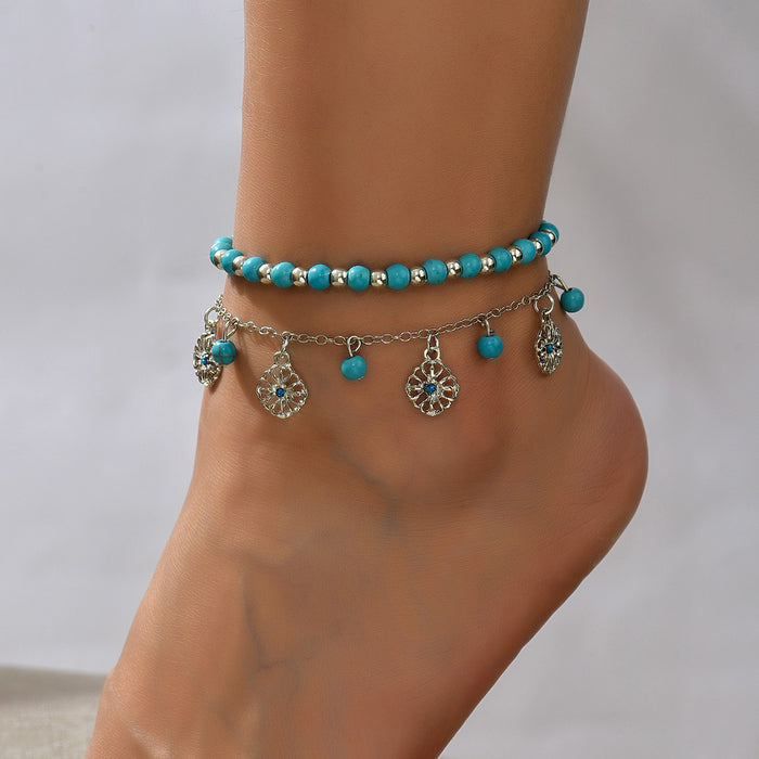 Wholesale Bohemian Beach Style Ethnic Anklet Alloy Turquoise Bead Rhinestone Stylish Jewelry Accessory MOQ≥2