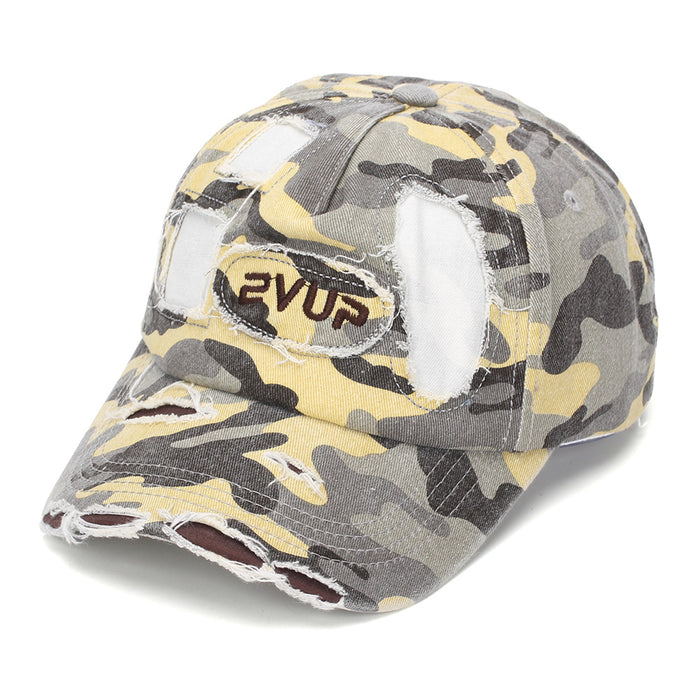 Wholesale Stylish Camouflage Torn Baseball Cap Sun Protection Embroidered Curved Brim Casual Hat for Men Women