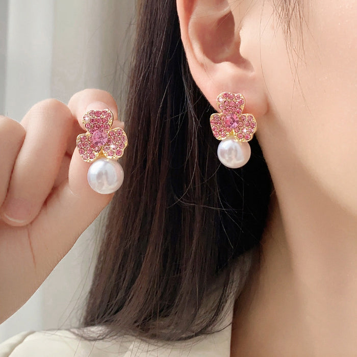 Wholesale 925 Silver Needle Earrings   Diamond Flower Pearl