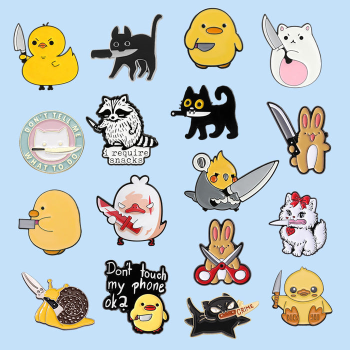 Wholesale Funny Cartoon Cat Duck Enamel Pin Set Knife Wielding Brooch Zinc Alloy Baking Finish Jewelry Accessory For Resale