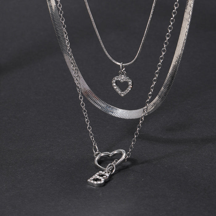 Wholesale New jewelry niche diamond studded letter pendant silver heart three-layer necklace set for women