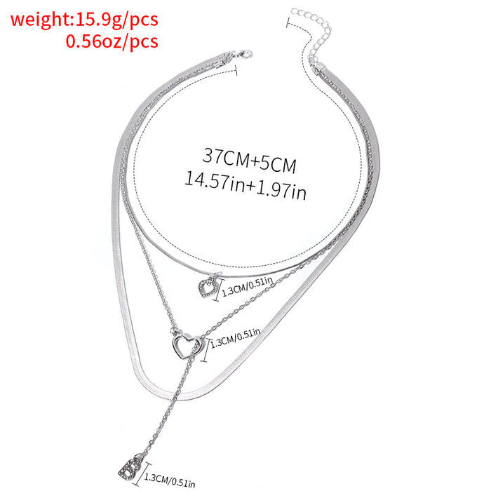 Wholesale New jewelry niche diamond studded letter pendant silver heart three-layer necklace set for women