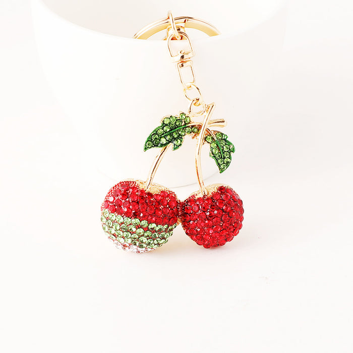 Wholesale Diamond-Encrusted Cherry Keychain Bag Pendant Alloy Fruit Keychain