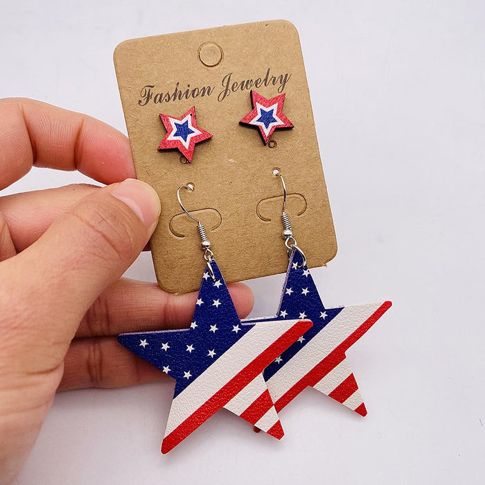 Wholesale New Independence Day Earrings Earring Set with American Flag Round Heart Five Pointed Star Sunflower Leather Earrings JDC-ES-YaChen002