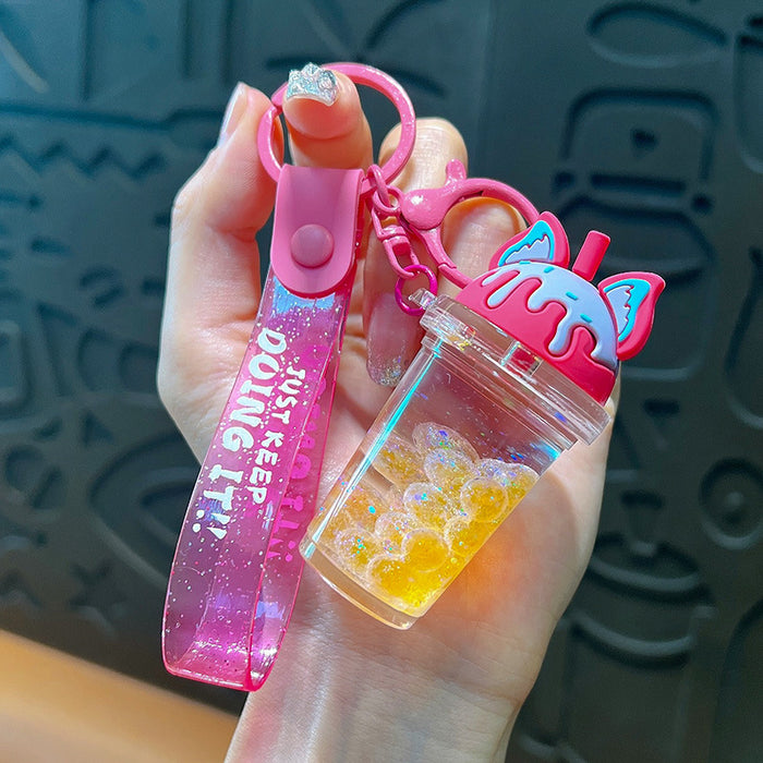 Wholesale Oil-filled bubble bead cat ear milk tea cup keychain
