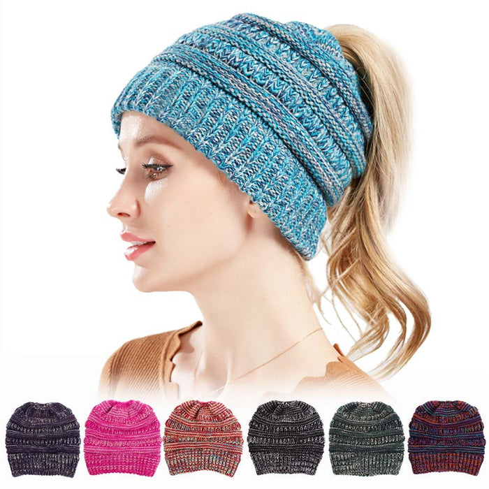 Wholesale Winter Multicolor knitted hat for women with a ponytail opening.