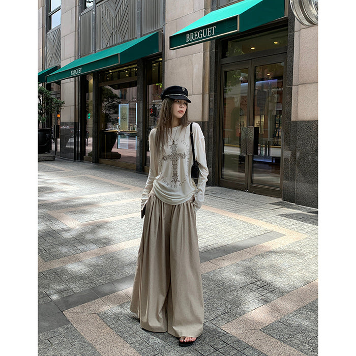 Wholesale Drapey raw edge printed long-sleeved loose T-shirt design mid-length for women