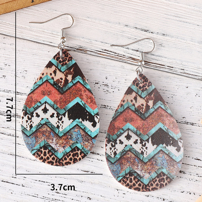 Wholesale Ethnic Leopard Dairy Pattern Turquoise Pattern Water Drop Earrings Women PU Double-sided Earrings