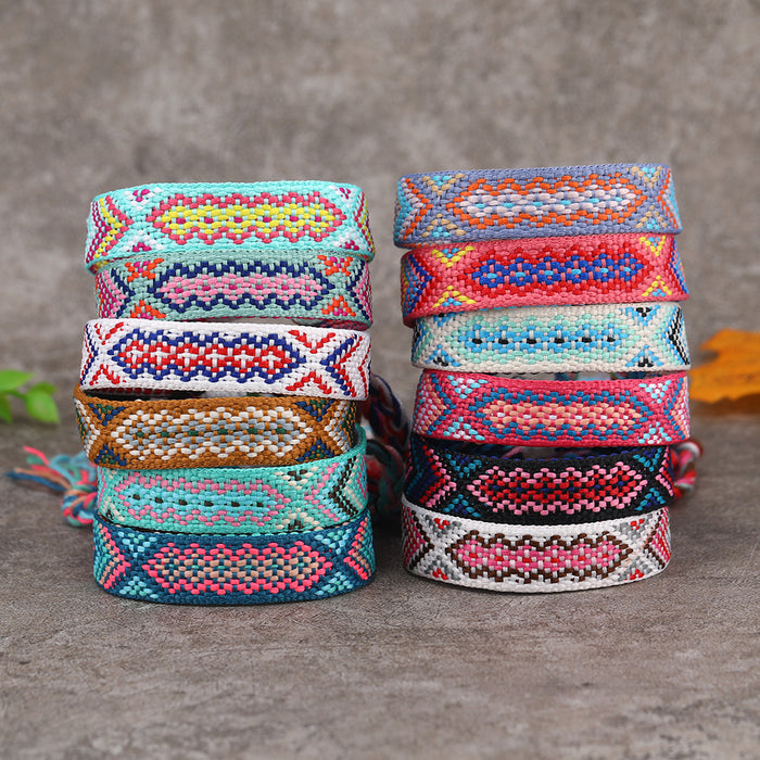 Wholesale A set of 12 ethnic-style colorful tassel and plaid handmade woven lucky bracelets