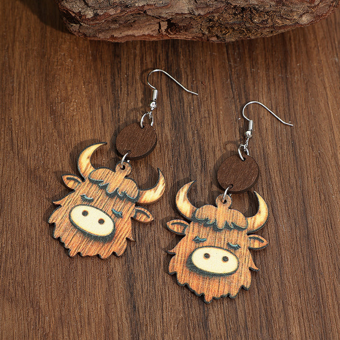 Wholesale Ox-Head Mountain Ox Personality Pendant Earrings — Double-Sided Wooden Jewelry