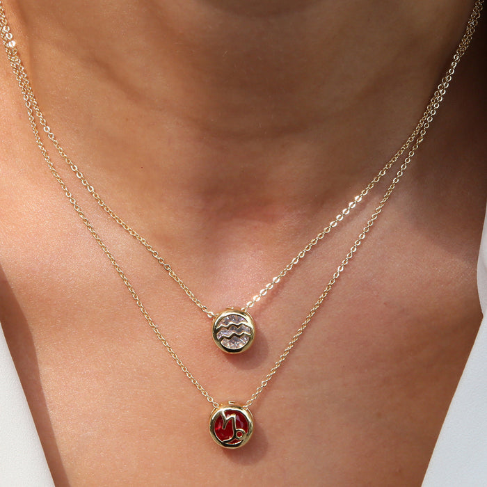 Wholesale   Brass Double-sided Round Hollow December Color Zirconium birthstone Twelve Constellation Pendant Necklace