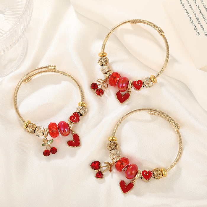 Wholesale Sweet Cherry Heart Bead Bracelet Women' s Stainless Steel Adjustable MOQ≥2