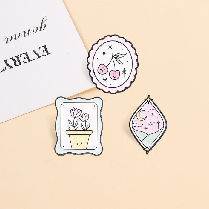 Wholesale Decorative Pink Macaron Pastoral Brooch Pin Zinc Alloy Enamel Moon Cherry Tulip Cartoon Badge Everyday Jewelry Accessory For Resale