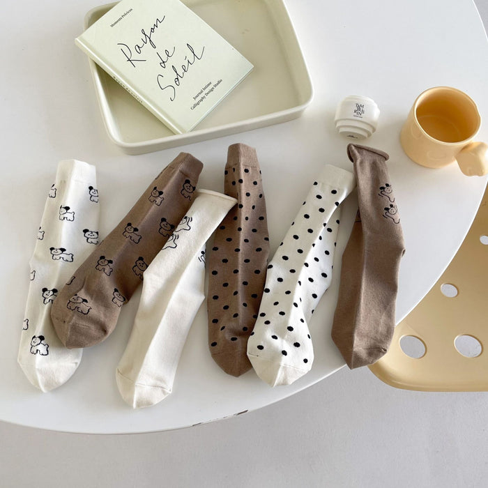 Wholesale Cute cartoon rolled edge socks, mid tube socks, polka dot pile socks