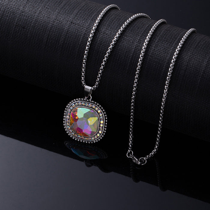 Wholesale Retro Western style natural turquoise necklace,  retro versatile titanium steel chain,  ethnic accessories