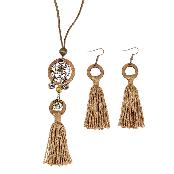 Wholesale Bohemian Dreamcatcher Tassel Earrings and Wooden Pendant Necklace Set