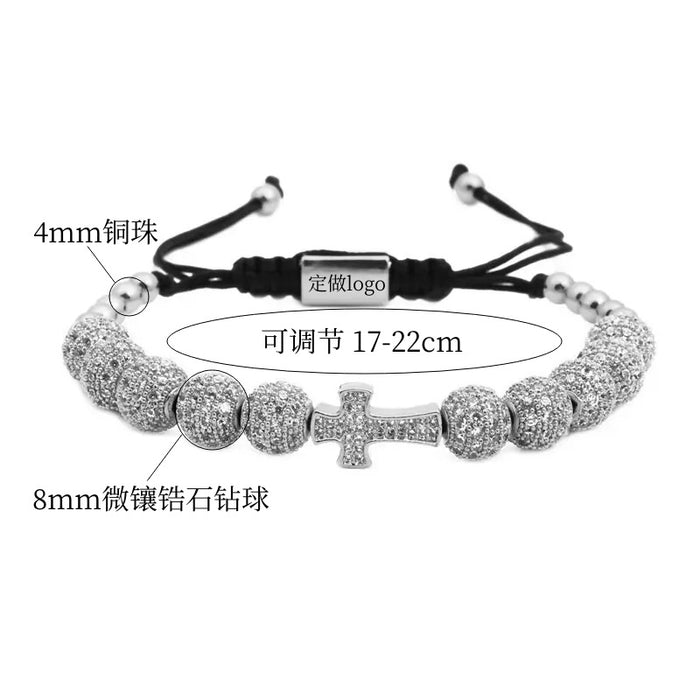 Wholesale Hand Woven Micro Inlaid 8mm Zirconia Ball Cross Pendant Bracelet JDC-BT-YJ002