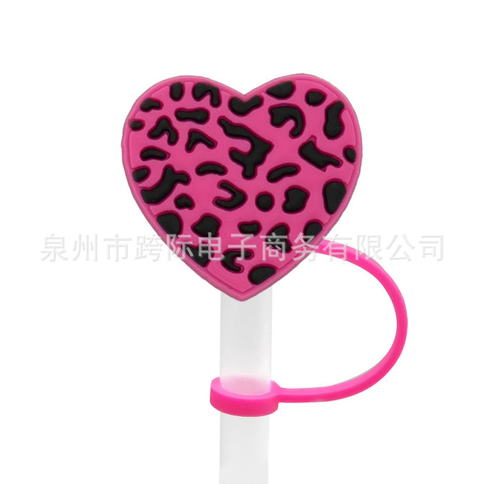 Wholesale New Love Leopard Pattern Straw Cover Straw Cap Silicone Dustproof Stopper Cute Anime Party Straw Decoration Cross border Product