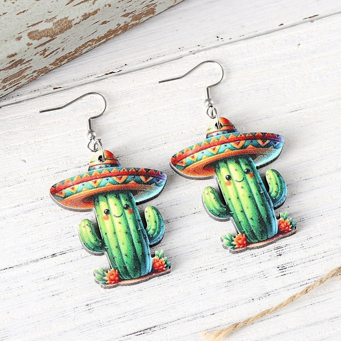 Wholesale Mexico Fifth Festival of the Dead Straw Hat Funny Cactus Pendant Earrings Wooden Double-sided Earrings