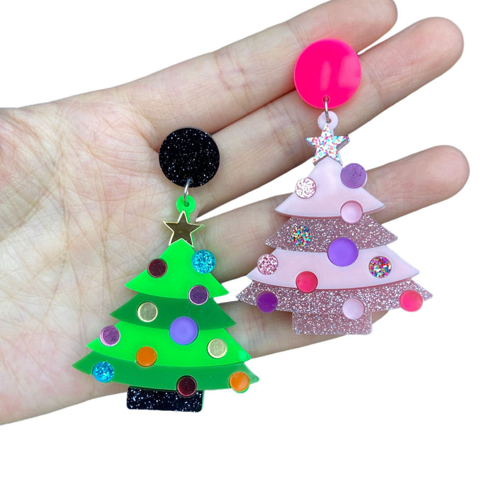 Wholesale Christmas acrylic earrings color ing green pink Christmas tree personality earrings
