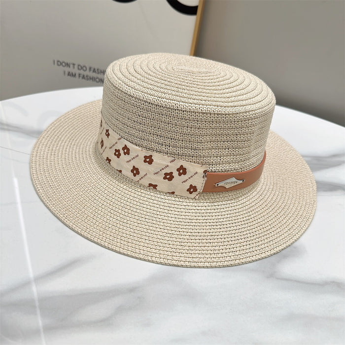 Wholesale Belt splicing sunshade straw hat casual flat top hat sunshade straw hat