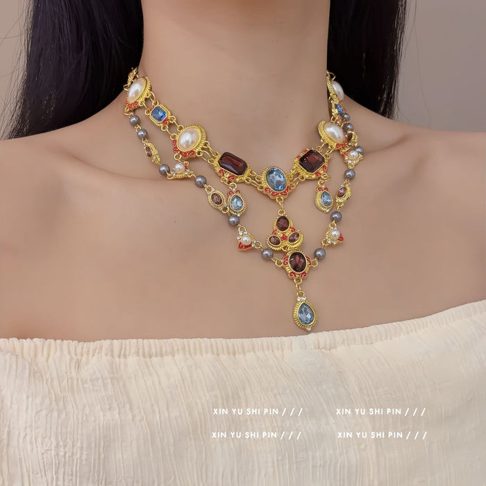 Wholesale Retro colored rhinestone pearl necklace with tassel, double layered collarbone chain, neck chain