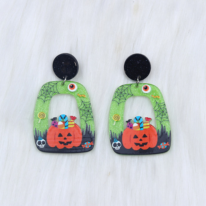 Wholesale Halloween 2023 New Square Round Hollow Earrings Acrylic Cartoon Ghost Pumpkin Cat Earrings JDC-ES-DuAi012