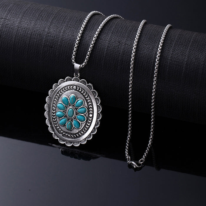 Wholesale Retro Western style natural turquoise necklace,  retro versatile titanium steel chain,  ethnic accessories