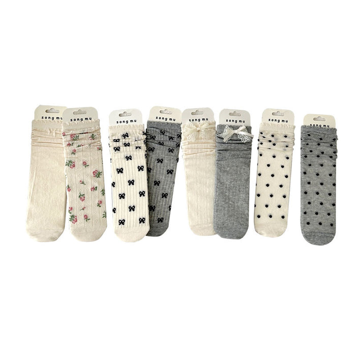 Wholesale Thin mid tube bow lace pile socks with mesh breathable cotton