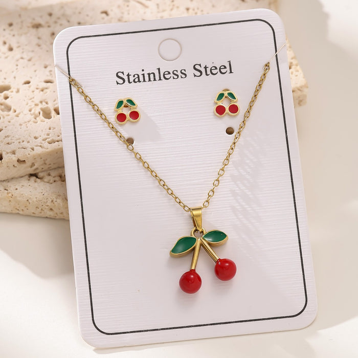 Wholesale Cherry pendant choker necklace stainless steel Earrings set
