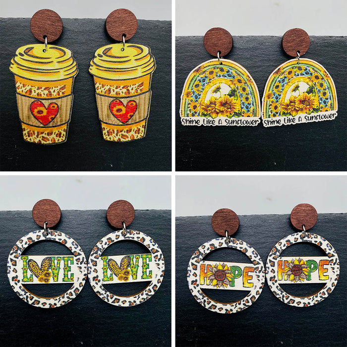 Wholesale Wooden Earrings Hollow Sunflower  Personalized Leopard Print Striped Retro Earrings