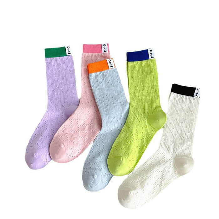 Wholesale Color blocked socks with hollowed out mesh and breathable lettering fabric label, colored midsole socks