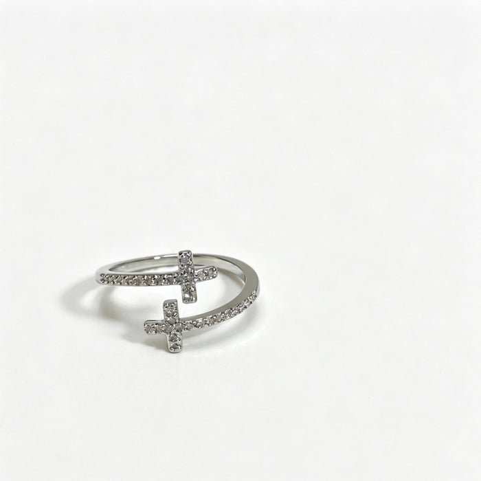 Wholesale Gold Plated Double Cross Zircon Ring Adjustable Unisex Fashion Accessory