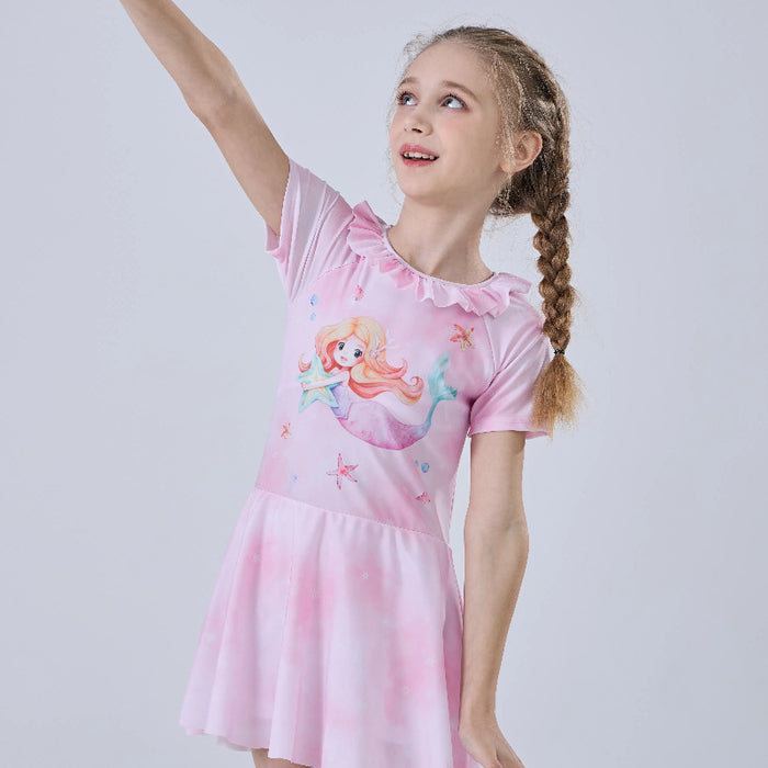 Wholesale Children's swimsuit new swimsuit, girls' cartoon swimsuit, sun protection quick drying medium and large children's short sleeved skirt one-piece swimsuit
