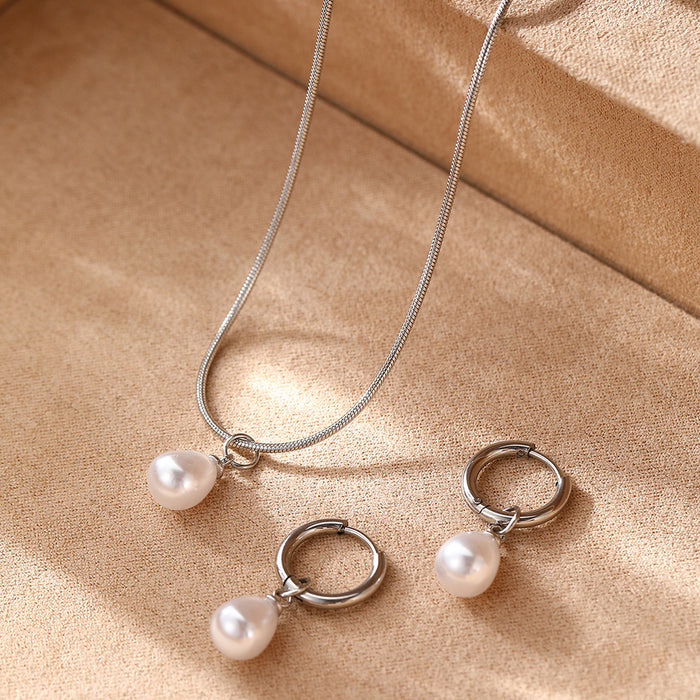 Wholesale Sophisticated Teardrop Pearl Dangle Earrings Stainless Steel Necklace Set