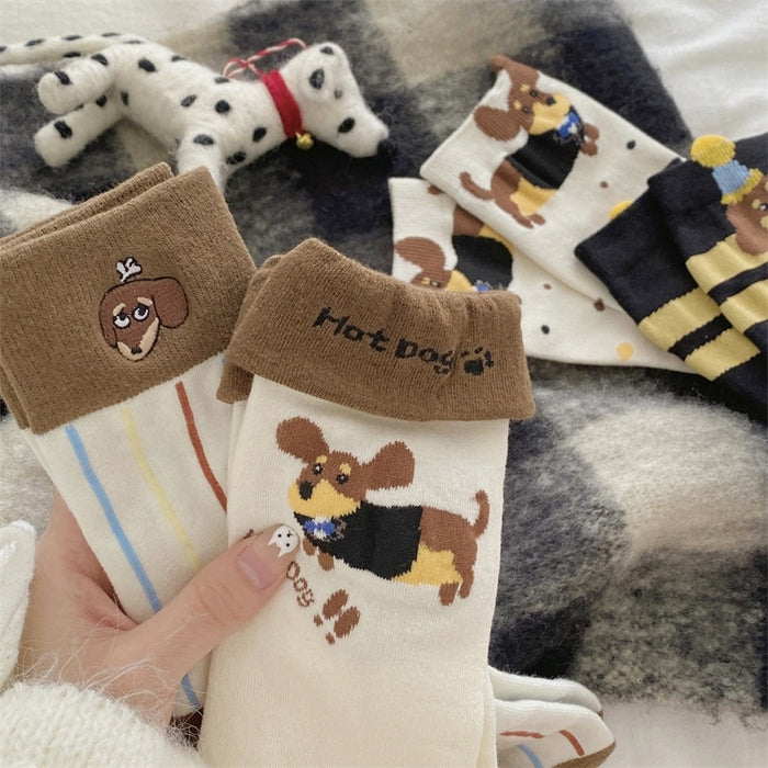 Wholesale Small dog embroidery, tube socks with folded edges, vertical stripes, stacked socks, cute and niche socks for children
