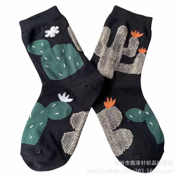 Wholesale Cotton socks, cat flower cactus trendy socks, women's socks, mid tube socks