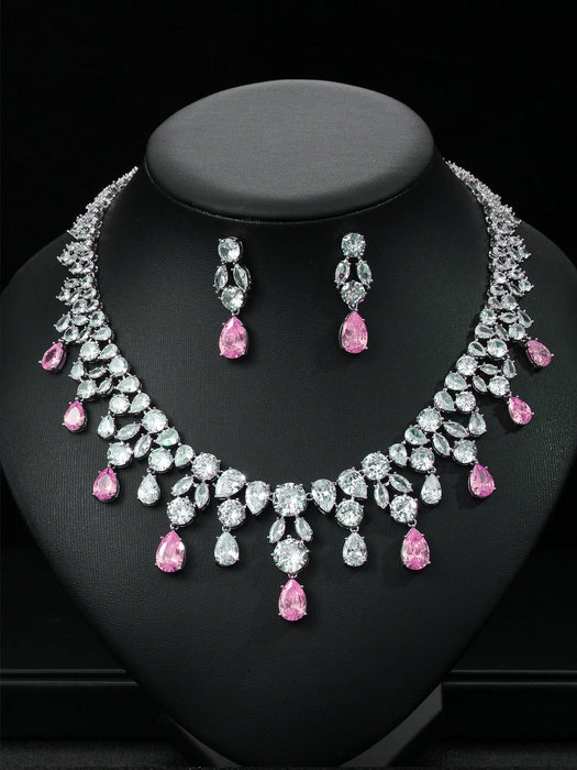 Wholesale Zircon Necklace Earrings Set Bride Wedding Dress Dinner Jewelry Water Drop Full of Diamonds