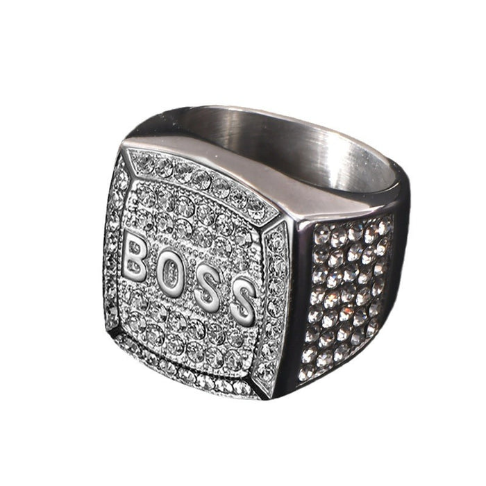 Wholesale HIPHOP titanium steel electroplating rhinestone square BOSS letter men' s ring