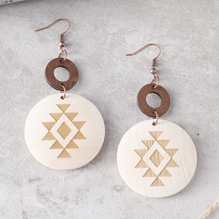 Wholesale Bohemian Western style cactus sun Aztec pattern wooden laser disc ing earrings