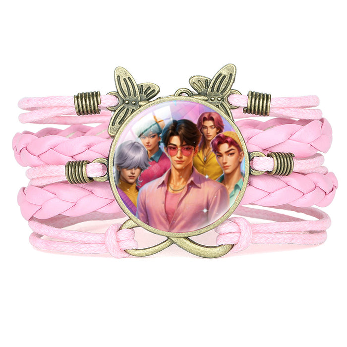 Wholesale KPOP Retro Butterfly Combination Cute Pink Multi-Layer Braided Girl Bracelet