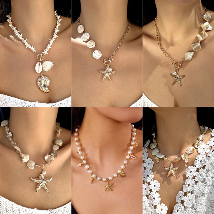 Wholesale Shell Pendant Beaded Chain Necklace Trendy Beach Vacation Jewelry