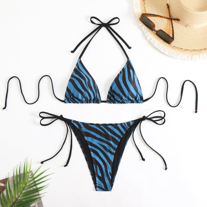 Wholesale Zebra stripe tie neck bikini triangle bag split swimsuit