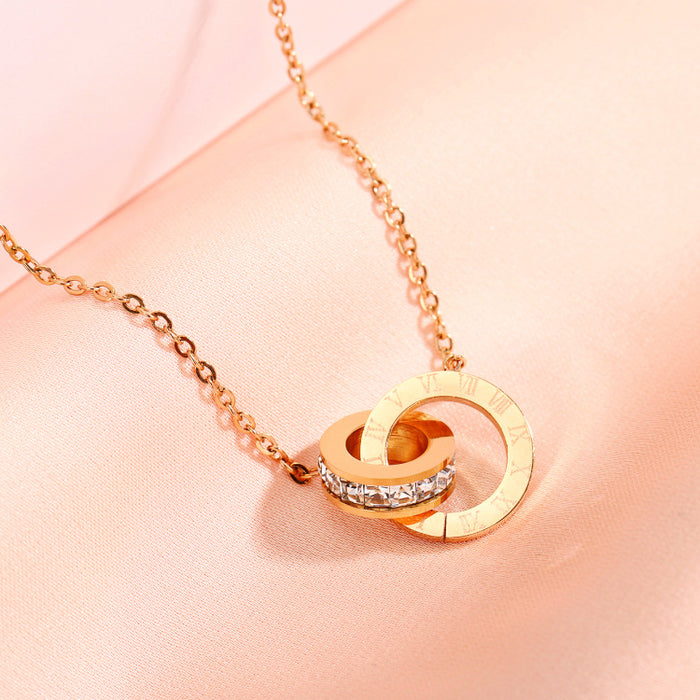 Wholesale 2pcs Titanium Steel Rose Gold Roman Double Ring Number Necklace JDC-NE-XinLong015